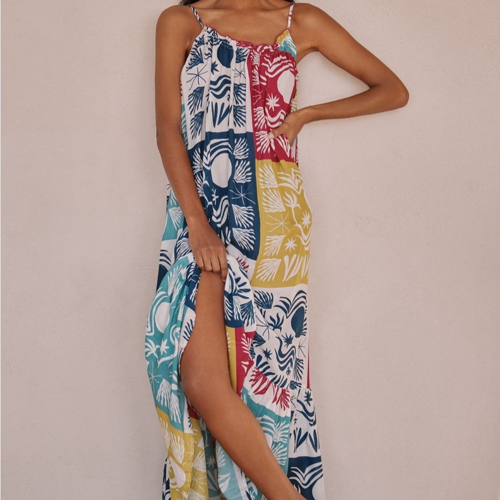 Anthropologie Colorblock Floral Maxi Dress — Blue, Teal, Yellow, Red, White